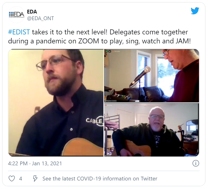 a tweet from @EDA_ONT on twitter. "#EDIST take it to the next lebel! Delegates come together during pandemic on ZOOM to play, sing, watch and JAM!"